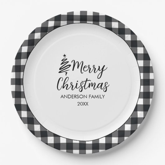 Assiettes En Carton Noir & Blanc Buffalo Plaid Minimale Noël (Devant)