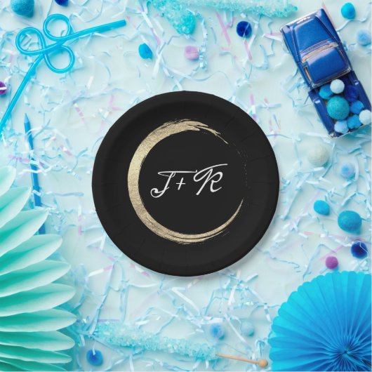 Assiettes En Carton Noir Blanc Cercle Monogramme Initiales minimes (Fête)