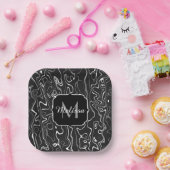 Assiettes En Carton Noir blanc gris damas tourbillons abstraits Monogr (Fête)