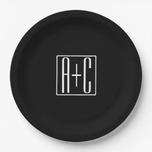 Assiettes En Carton Noir & Blanc Initiales de couples