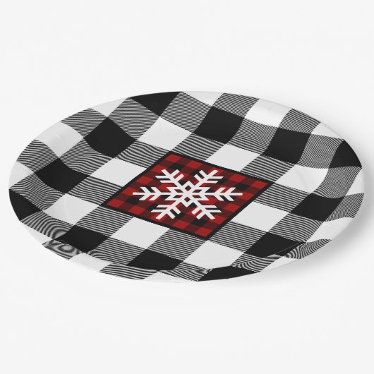 Assiettes En Carton Noir, Blanc, Plaid De Buffle Rouge, Flocon De Neig (Angle)