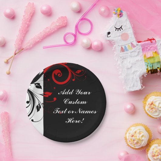 Assiettes En Carton Noir Blanc Rouge Inverse Swirl Personnalisé (Fête)