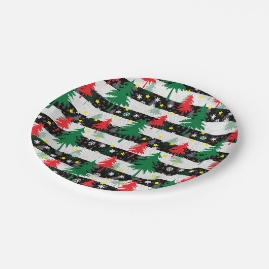 Assiettes En Carton Noir Blanc Stripes Neiges Rouge Vert Arbres (Angle)
