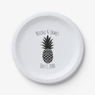 Assiettes En Carton Noir & Blanc Tropical Pineapple Élégant Chic