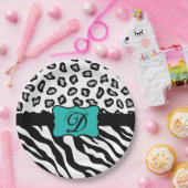 Assiettes En Carton Noir Blanc Turquoise Zebra Leopard Peau Monogramme (Fête)