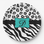 Assiettes En Carton Noir Blanc Turquoise Zebra Leopard Peau Monogramme (Devant)