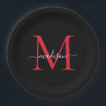 Assiettes En Carton Noir Bourgogne Rouge Monogramme moderne Élégant Sc<br><div class="desc">Simple moderne tendance Noir Bourgogne Maroon Rouge Monogramme Feminine moderne Script Nom Plaque de papier</div>