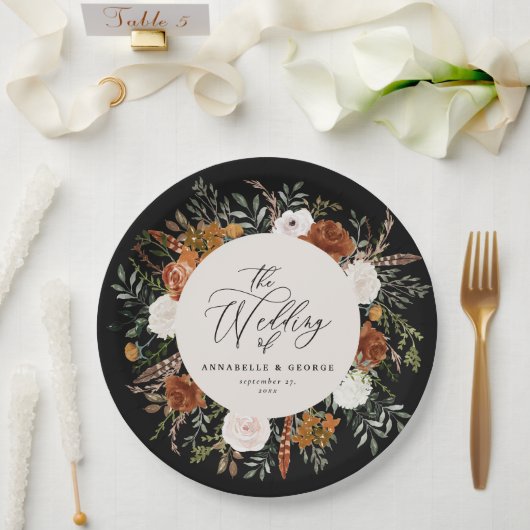 Assiettes En Carton Noir chic terre cuite florale rustique élégant mod (Mariage)