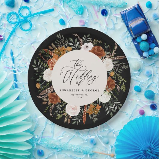 Assiettes En Carton Noir chic terre cuite florale rustique élégant mod (Fête)