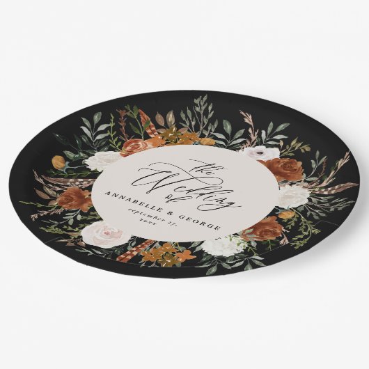 Assiettes En Carton Noir chic terre cuite florale rustique élégant mod (Angle)