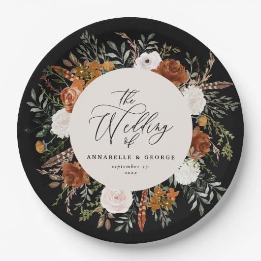 Assiettes En Carton Noir chic terre cuite florale rustique élégant mod (Devant)