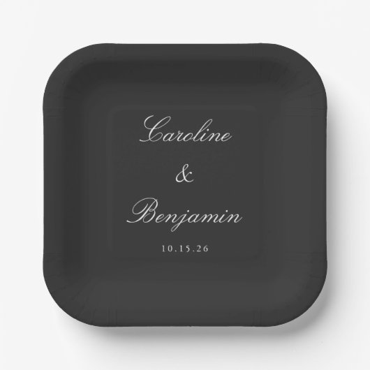 Assiettes En Carton Noir classique Script élégant Mariage Nom personna (Recto)