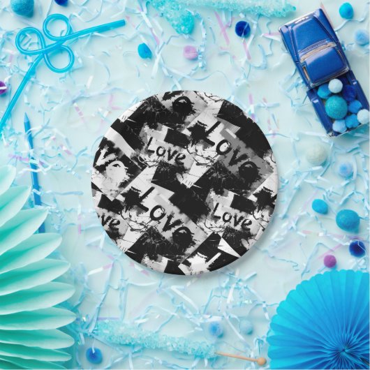 Assiettes En Carton Noir et blanc avec des taches motif d'amour (Fête)