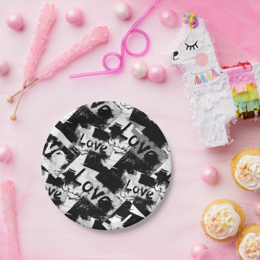 Assiettes En Carton Noir et blanc avec des taches motif d'amour (Fête)