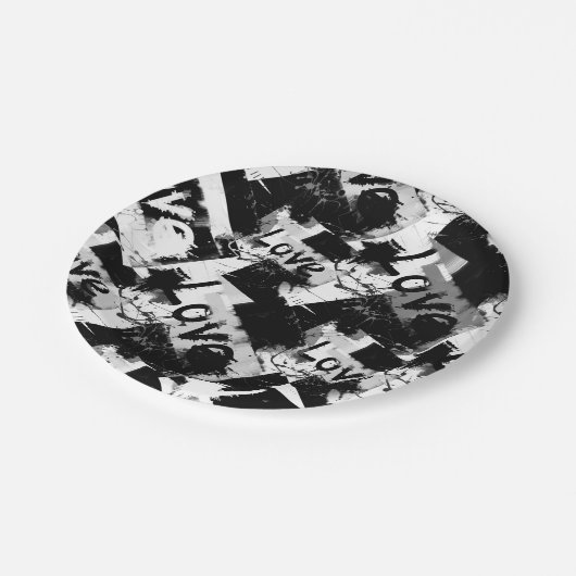 Assiettes En Carton Noir et blanc avec des taches motif d'amour (Angle)