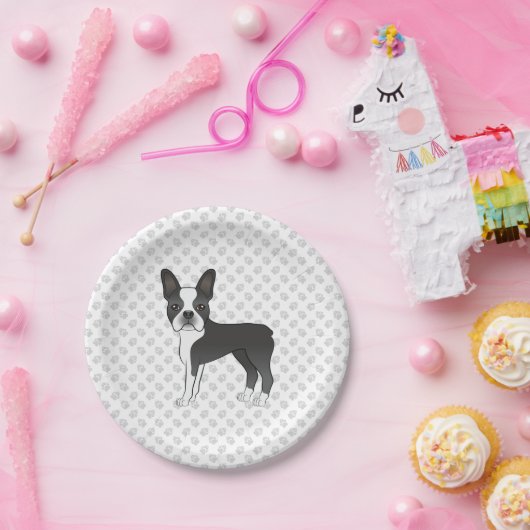 Assiettes En Carton Noir Et Blanc Boston Terrier Cartoon Chien & Pâtes (Fête)