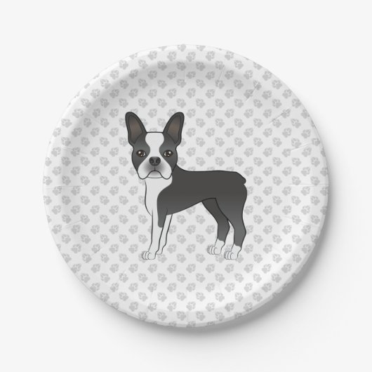 Assiettes En Carton Noir Et Blanc Boston Terrier Cartoon Chien & Pâtes (Devant)