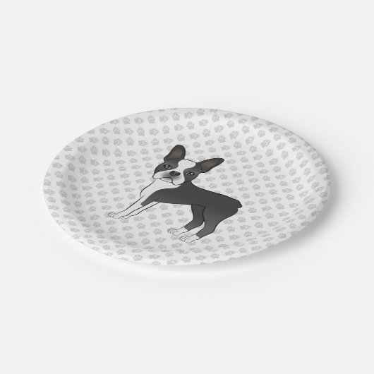 Assiettes En Carton Noir Et Blanc Boston Terrier Cartoon Chien & Pâtes (Angle)