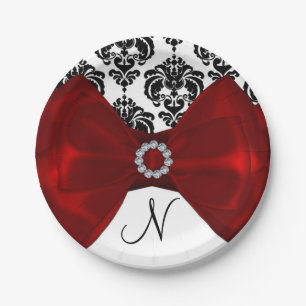 Assiettes En Carton Noir et blanc damassé nœud rouge glamour fête Swee