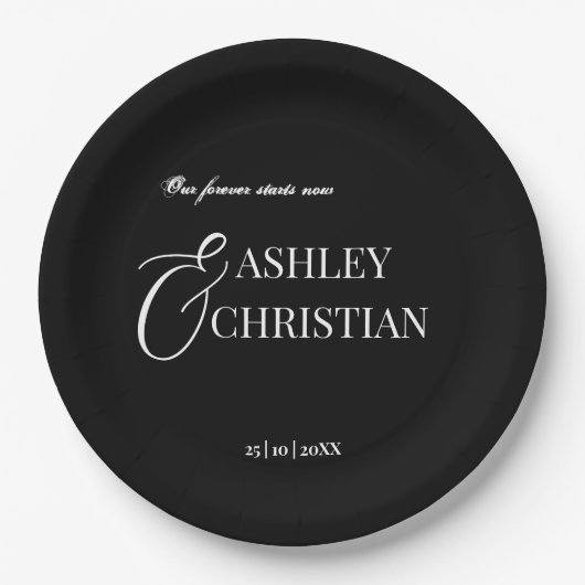 Assiettes En Carton Noir et blanc élégant monogramme simple imprimé (Devant)