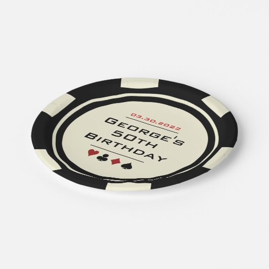 Assiettes En Carton Noir et blanc Poker Chip Casino Thème Anniversaire (Angle)