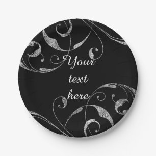 Assiettes En Carton Noir et élégant tourbillon floral en verre argenté