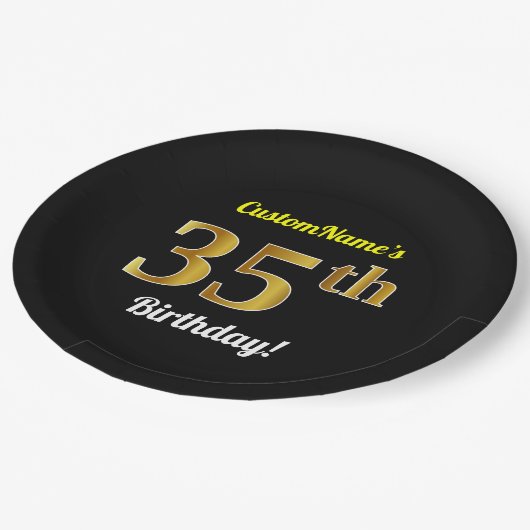 Assiettes En Carton Noir, Faux Gold 35e anniversaire + Nom personnalis (Angle)