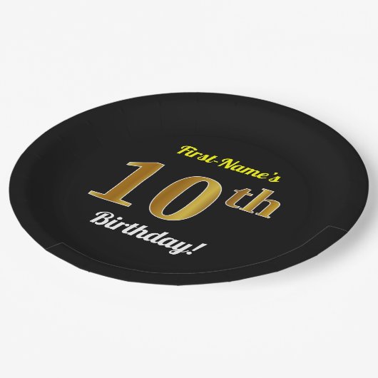 Assiettes En Carton Noir, Faux Or 10e anniversaire + Nom personnalisé (Angle)