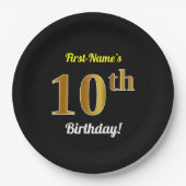 Assiettes En Carton Noir, Faux Or 10e anniversaire + Nom personnalisé (Devant)