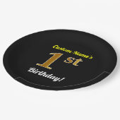 Assiettes En Carton Noir, Faux Or 1er anniversaire + Nom personnalisé (Angle)