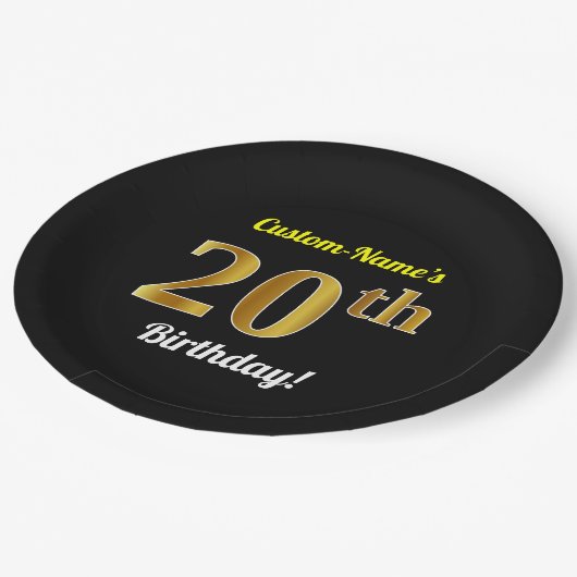 Assiettes En Carton Noir, Faux Or 20e anniversaire + Nom personnalisé (Angle)