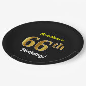 Assiettes En Carton Noir, Faux Or 66e anniversaire + Nom personnalisé (Angle)
