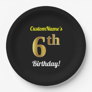 Assiettes En Carton Noir, Faux Or 6ème anniversaire + Nom personnalisé