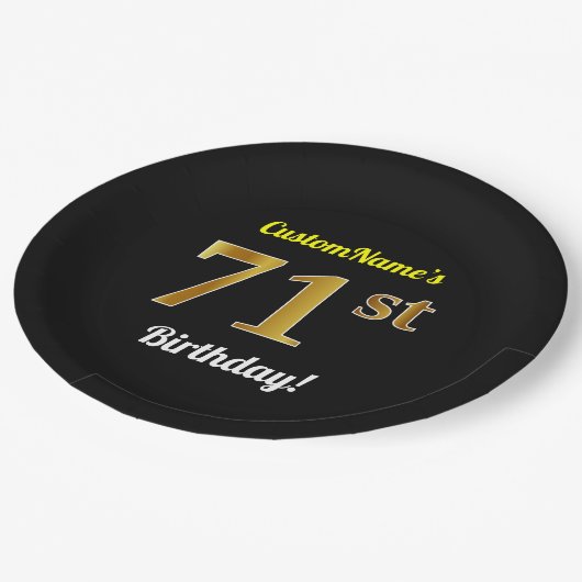 Assiettes En Carton Noir, Faux Or 71e anniversaire + Nom personnalisé (Angle)