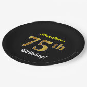 Assiettes En Carton Noir, Faux Or 75e anniversaire + Nom personnalisé (Angle)