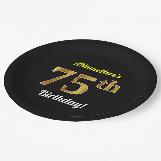 Assiettes En Carton Noir, Faux Or 75e anniversaire + Nom personnalisé (Angle)