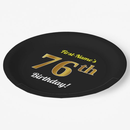 Assiettes En Carton Noir, Faux Or 76e anniversaire + Nom personnalisé (Angle)
