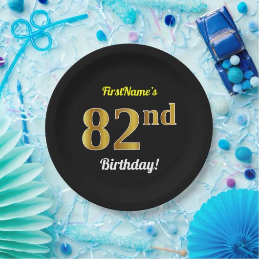 Assiettes En Carton Noir, Faux Or 82e anniversaire + Nom personnalisé (Fête)