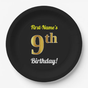 Assiettes En Carton Noir, Faux Or 9e anniversaire + Nom personnalisé