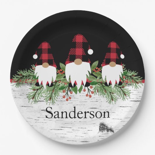 Assiettes En Carton Noir Joyeux Noël Rouge Buffalo Plaid Gnome (Devant)