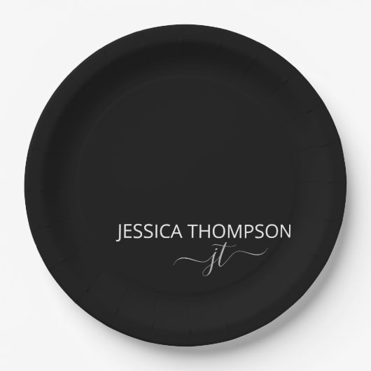 Assiettes En Carton Noir moderne Simple Script Girl Monogramme Nom  (Devant)