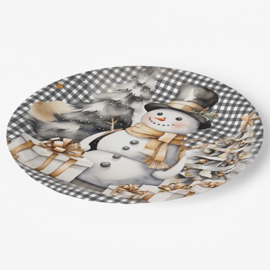 Assiettes En Carton Noir Noël snowman design hiver (Angle)