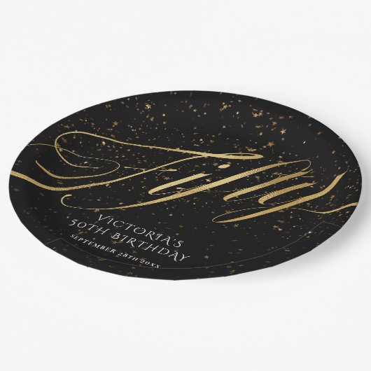 Assiettes En Carton Noir Or Cinquante 50e Anniversaire Confetti Glamou (Angle)