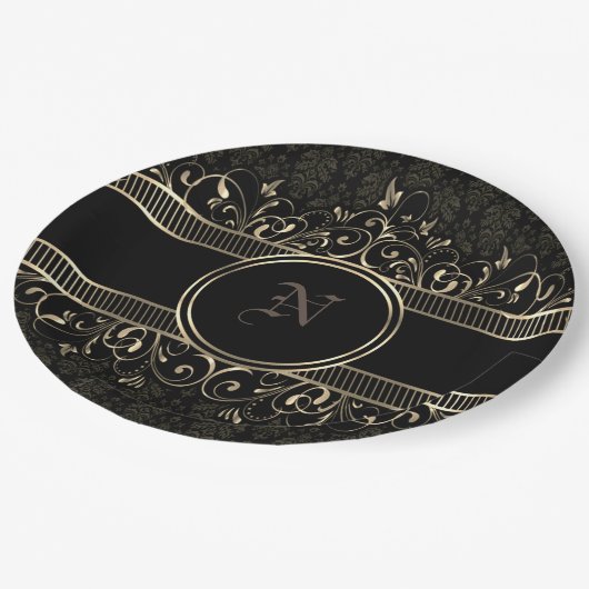 Assiettes En Carton Noir & Or Ornate Gothique Monogramme (Angle)
