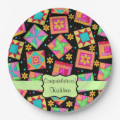 Assiettes En Carton Noir Patchwork Quilt Block Nom Félicitations (Devant)