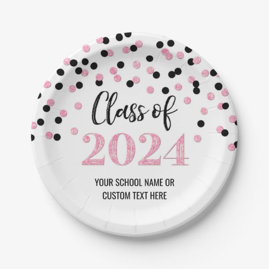 Assiettes En Carton Noir rose Confetti Graduation 2024 (Devant)