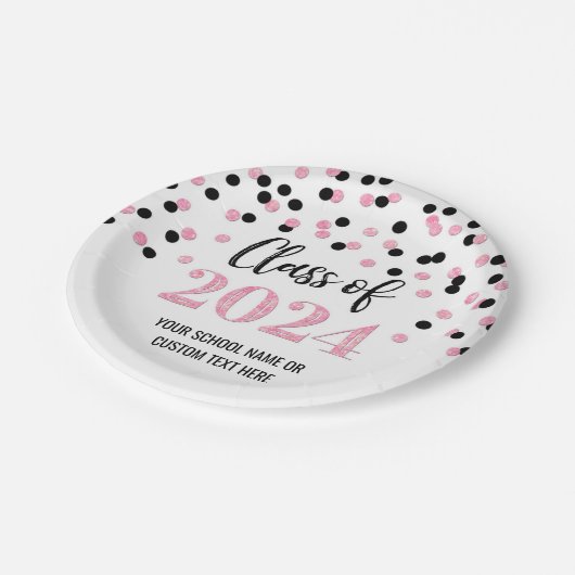 Assiettes En Carton Noir rose Confetti Graduation 2024 (Angle)