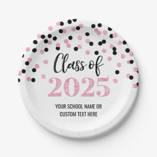 Assiettes En Carton Noir rose Confetti Graduation 2025 (Devant)
