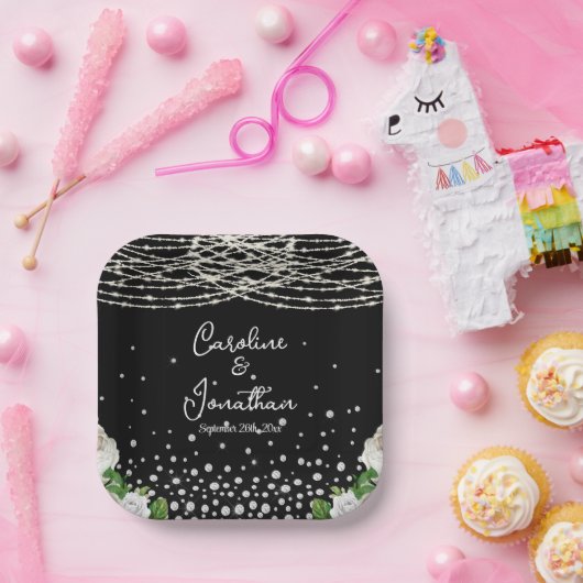 Assiettes En Carton Noir Russe Blanc Roses Chaîne Lumière Mariage (Fête)