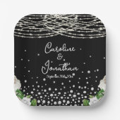 Assiettes En Carton Noir Russe Blanc Roses Chaîne Lumière Mariage (Recto)